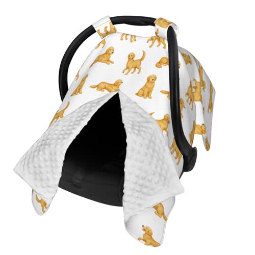 Golden Retriever Carseat Covers Baby, Winter Carseat Cover for Baby, Minky Baby Car Seat Cover for Boy & Girl, Peekaboo Opening Car Seat Canopy for Newborn, Multi Use Mom Nursing Cover