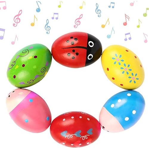 6 Pcs Wooden Egg Shakers, Musical Maracas Percussion Instruments, Musical Easter Eggs for Playing, Music Educational Tools, Easter Party Favors