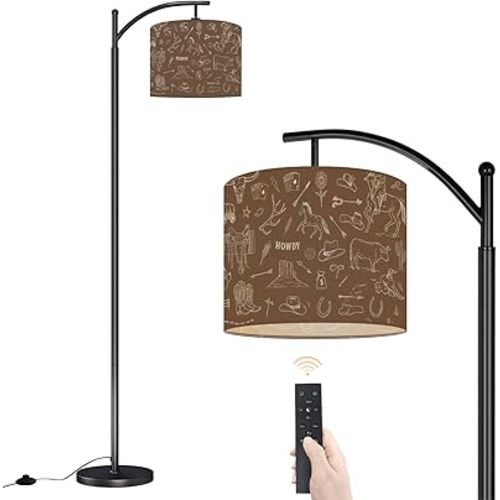 Arc Floor Lamp Wild West Cowboy Doodle Horses Hats Western Elements Brown Dimmable Modern Standing Lamp with Remote Adjustable Drum Shade Footswitch Tall Pole Lamp for Living Room Bedroom