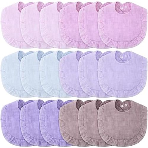 Kenning 18 Pcs Muslin Drool Baby Bibs Ruffle Absorbent Bib with Snap Button Boy Girl for Drooling Teething Infant Newborn