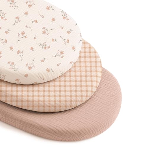 Niceye Muslin Bassinet Sheets 3-Pack for Hourglass Bassinets, 32" x 16" | 100% Cotton, Soft & Breathable, Full Elastic Fit, for Halo Bassinest Swivel Sleeper, Graco, Snoo, Baby Girl Boy (Pink)