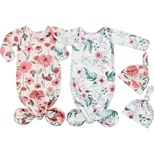 Newborn Baby Boy Long Sleeve Sleeper Gown with Mittens Knotted Gown Coming Home Outfit Nightgown Hat Set 2 Pieces