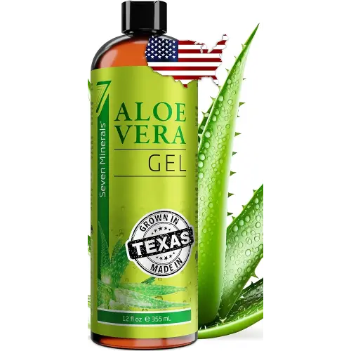 Seven Minerals Organic Aloe Vera Gel from freshly cut 100% Pure Aloe - Big 12oz - HighestQuality, Texas grown, Vegan, Unscented - For Face, Skin, Hair, Sunburn relief