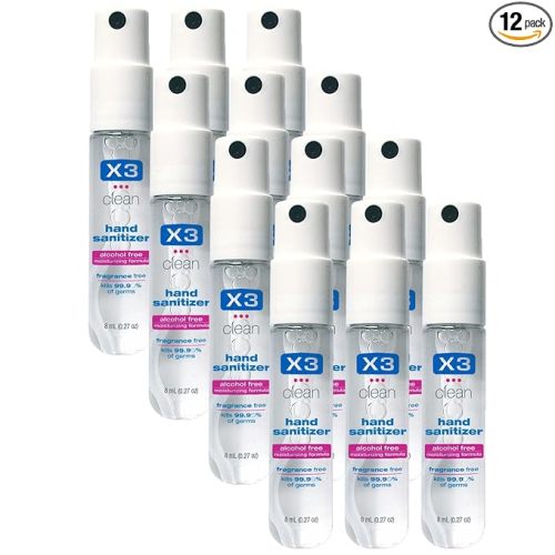 X3 Clean Mini Hand Sanitizer Spray – Alcohol Free and Fragrance Free - Pocket Size 0.27 Ounce Bottles (Pack of 12)
