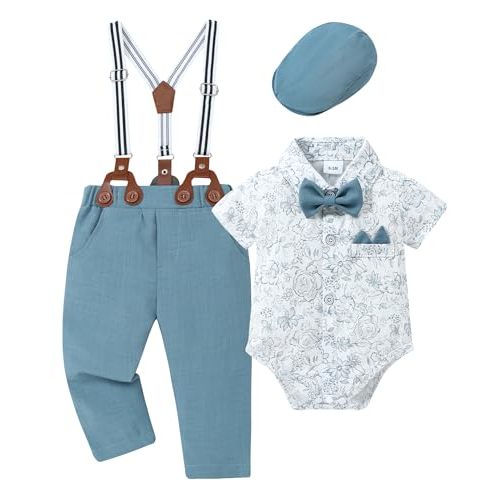 Baby Boy Clothes Suits Infant Tuxedo Gentleman Dress Shirt with Bowtie Beret Suspender Pants Outfit Sets 0-18M