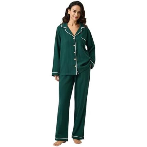 BESTOUCH Women's Pajama Sets 100% Pure Cotton Muslin Linen Feel Sleep Shorts Pjs 2 Piece Soft Sleepwear Lounge Set for Women