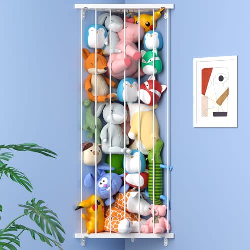 Stuffed Animal Storage Toy Organizer(Patented) - Corner Stuffed Animal Holder Length Adjustable - Wall Hanging Stuffed Animal Net Plush Storage for Nursery Playroom Bedroom Kids Room Decor(White)