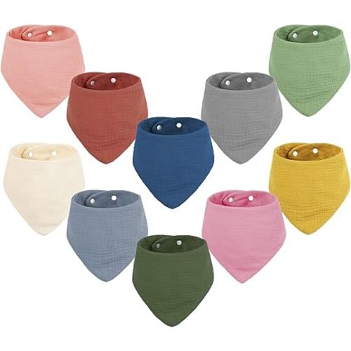 Baby Bibs Muslin 10-pack Bandana Drool Bibs, 100% Cotton, Super Absorbent, 10 Colors for Boys or Girls, Ideal for Drooling and Teething