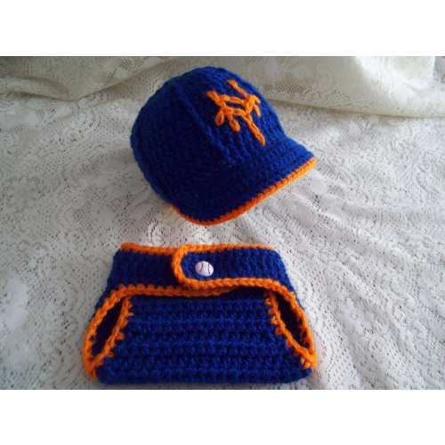 Blue & Orange NY METS Baseball Hat w Brim and Diaper Cover Set  Newborn Photo Prop Hand-Crochet Spring Baby Shower Gift for Mets Fan Parents