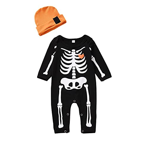 Guodeunh Newborn Baby Boy Girl Halloween Costume Romper Skeleton Jumpsuit Outfit Skull Clothes with Hat