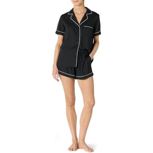 Amazon Essentials womens Satin Short Sleeve Button-Down Top and Short Sleepwear Pajama Set