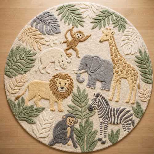 Jungle Animal Nursery Rug, plush soft floor rug, large round kids rug