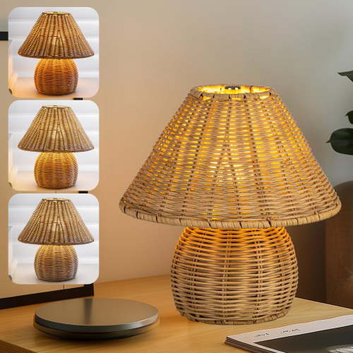Bamboo Table Lamp Handmade Boho Rattan Bedside Lamp,3 Colors Adjustable Vintage Wicker Wooden Nightstand Lamp with E26 Bulb for Bedroom Living Room Desk Entrance