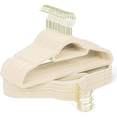 Premium Velvet Hangers 30 Pack with Gold Hooks, Non-Slip, Space Saving Felt Clothes Hangers, Sturdy Slim Flocked Hanger for Dresses, Coats, Tie and Pants(Beige)