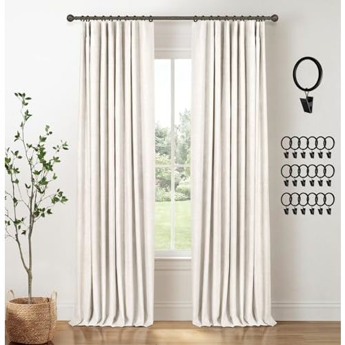 INOVADAY 100% Blackout Curtains for Bedroom Black Out Curtains 96 Inch Long | Beige Curtains for Living Room 2 Panels, Clip Rings Linen Look Blackout Drapes, Thermal Insulated Room Darkening,W50xL96