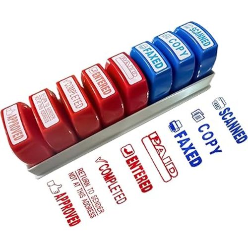 8PCS Office Stamps Set, Rubber Business Stamp in Red and Blue Ink, Copy Paid Scanned Faxed Approved Completed Message Work Stamp with Storage Tray, Christmas Gifts for Finance Staff