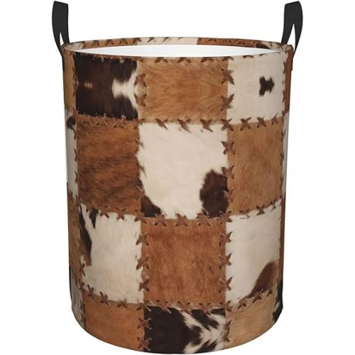 Retro Cows Print Laundry Hamper Basket,Cow Cowhide Brown Collapsible Portable Laundry Bag, Storage Bins Gifts Toys Storage Basket, Bedroom Home Decor for Girl Women 13.8"D × 16.5"H