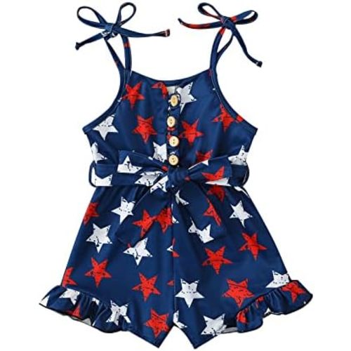 4th of July Outfit Toddler Girl Stars Stripe Flag Tie-Up Romper Overall Shorts Little Girls 4th of July Clothing