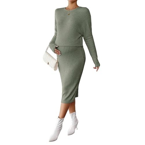 WDIRARA Women's 2 Piece Maternity Ribbed Outfit Long Sleeve Tee and Adjustable Waist Midi Skirt Set