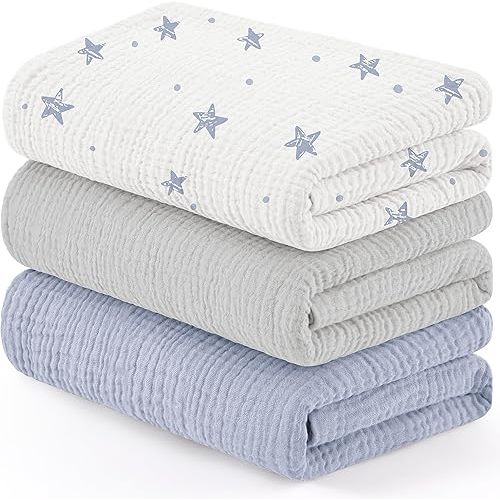 Susurration Muslin Receiving Blanket,100% Cotton Swaddle Blankets for Newborn Soft Thin Swaddle for Unisex Newborn 38x40inch (Blue-Gray)