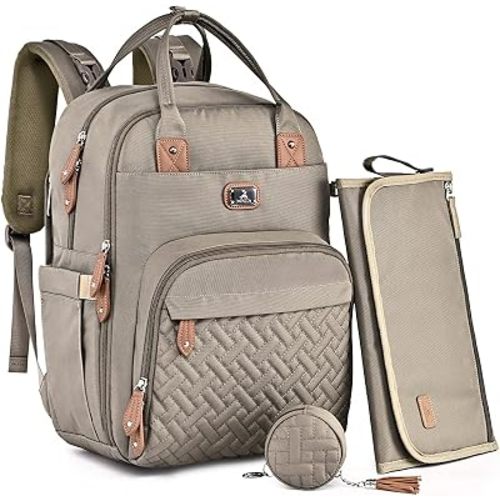 Dikaslon Changing Bag Backpack, Large Nappy Back Pack Multifunction Baby Bags with Portable Changing Mat, Pacifier Holder, and Stroller Straps, for Mom and Dad, Khaki