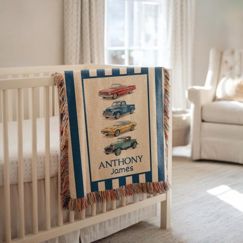Personalized Woven Vintage Cars Baby Blanket Personalized Cars Blanket Custom Old Car Blanket Newborn Nursery