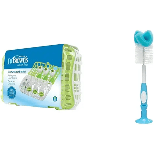 Dr. Brown's Dishwasher Basket for Small Baby Bottle Parts, Pacifiers, and Accessories, Clean & Reusable Sponge Baby Bottle Cleaning Brush with Suction Cup Stand