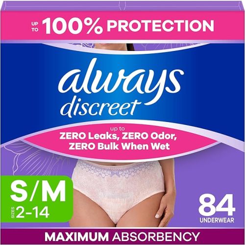 Always Discreet Adult Diapers for Women, Incontinence Underwear, Postpartum Essentials, Disposable Briefs, Max Absorbency, Bladder Leak Protection, Small/Medium, 32ct