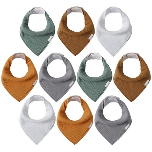 10 Pack Baby Muslin Bibs,Muslin Bandana Bibs for Baby Boys Girls,Soft Absorbent Bibs for Drooling Teething - Muslin Light Set