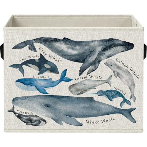 Ocean Nursery Whale Storage Bins with Handles, Nautical Coastal Beach Whale Ocean Foldable Collapsible Storage Basket Organizer for Kids Nursery Room Bedroom Bathroom Books Clothes