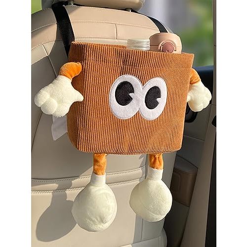 Car Cute 2 in 1 Trash Can with Tissue Holder Box Seat Back Bag Hanging over the Seat Organizer Plush Cartoon Animal Storage Garbage,Brown