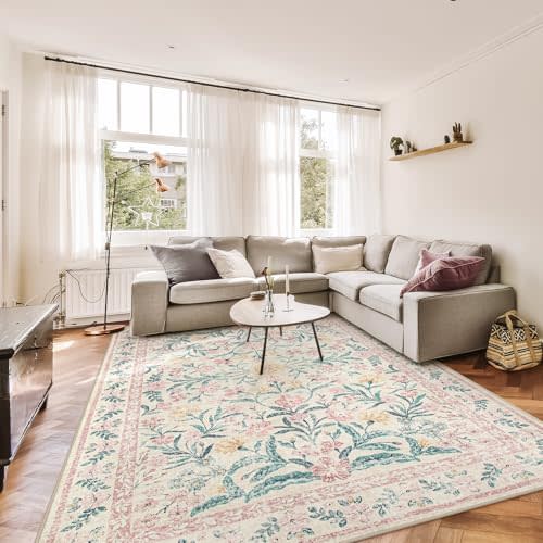 Morebes Floral Washable Light Pink Rug, Boho Machine Washable Area Rugs 8x10 for Nursery Girls Bedroom Non Slip, Soft Vintage Distressed Carpet for Living Room Dorm Home Office Decor