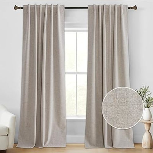 100% Blackout Curtains for Bedroom, Natural Linen Beige Curtains 84 inches Long Solid Thermal Insulated Farmhouse Drapes for Living Room Sliding Glass Door Nursery, W52xL84, 2 Panels