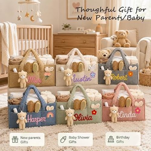 Personalized Baby Diaper Caddy Organizer Custom Name Baby Storage Basket Monogrammed Newborn Essentials Gifts for Toddler Girls Boys Portable Car Caddy Organizer