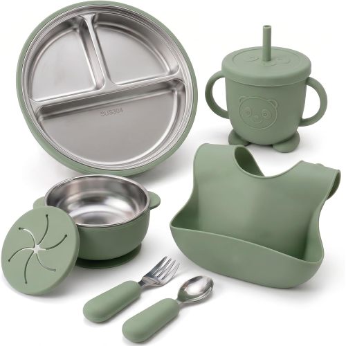 Stainless Steel & Silicone Toddler Feeding Set, 7 Piece Kids Dinnerware with Divided Plate, Bowl, Training Cup with Straw, Bib, Fork and Spoon, BPA‑Free, Food‑Grade for Children (Color Green)