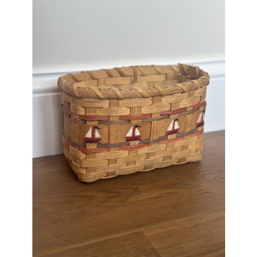 Vintage Woven Sailboat Basket | Hand Painted Nautical Storage Basket | Coastal Beach Cottage Organizer | Lake House Decor | 8 x 5 x 5