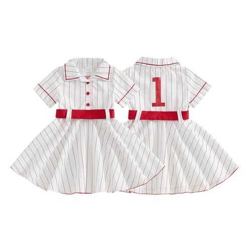 Baby Girl Lapel Short Sleeve Back Number Strips Baseball Shirt Dress + Belt