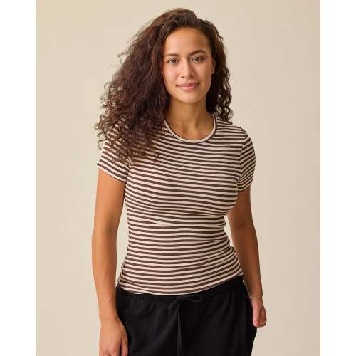 Ribbed Bamboo Crew Neck Nursing T-shirt | Chocolate & Ivory Stripe- Kindred Bravely