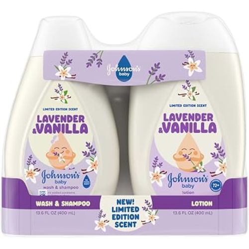 Johnson’s Baby Lavender & Vanilla Scent Wash & Shampoo + Lotion Bundle | Limited Edition Baby Wash & Shampoo, Lavender & Vanilla Scent, No Added Parabens, Dyes, & Sulfates, Pediatrician Tested