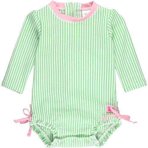 RuffleButts Baby/Toddler Girls Seersucker Long Sleeve One Piece Rash Guard Swimsuit with UPF 50+ Sun Protection