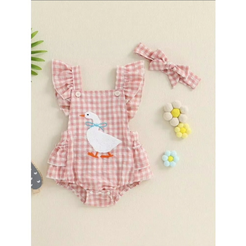 Baby Girl Summer Outfit Goose Embroidery Plaid Ruffle Sleeveless Bubble Romper Bodysuit Newborn Farm Clothes Headband | SHEIN USA