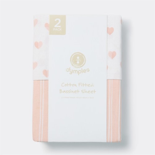 Dymples Cotton Fitted Bassinet Sheet 2 Pack - Hearts/Stripes