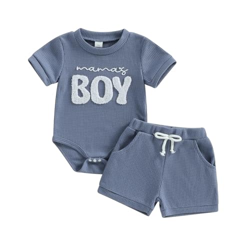 MERSARIPHY Newborn Baby Boy Summer Clothes Mama's Boy Little Dude Short Sleeve Romper Shorts Set Infant Waffle Knit Outfit