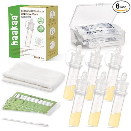 haakaa Colostrum Collector Kit Breast Milk Collector with Cotton Cloth Wipe and Storage Case, Ready-to-Use, Reusable, 4ml/6pcs