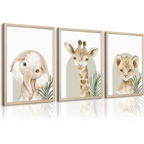 Animal Wall Art Pictures Baby Nursery Canvas Wall Art Decor Safari Animal Prints Jungle kids Wall Art Woodland Nursery Wall Decor Giraffe Jungle Poster for Room 12x16 Inch Wood Framed Set of 3