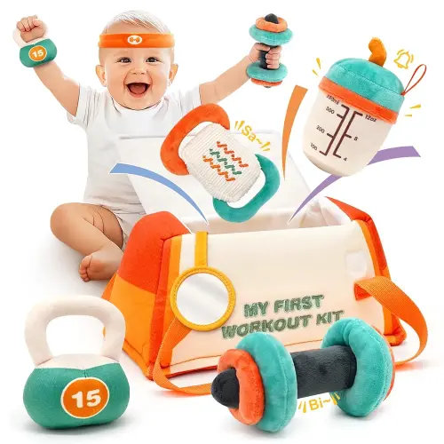 Vanplay Baby Toys 0-12 Months, Workout Plush Toy with Rattle for 0-3-6 Month, Sensory Montessori Toys for Babies 6-12-18 Month, Baby Boys Girls Birthday Shower Gifts for 7 8 9 10 Month