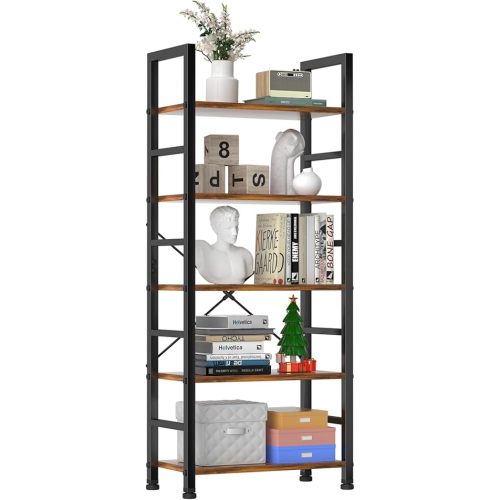 Sweetcrispy Book Shelf, 5 Tier Bookcase, Modern Tall Bookshelf for Garage Kit, CDs, Movies, Industrial Corner Storage Organizer for Bedroom Home Office Kitchen Living Room, Rustic Brown