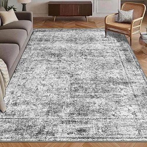 Washable Area Rug 5' x 7' Vintage Traditional Persian Mat - Foldable Distressed Non-Slip Machine Washable Carpet for Living Room Bedroom Kitchen Home Decor - Graphite and Mist