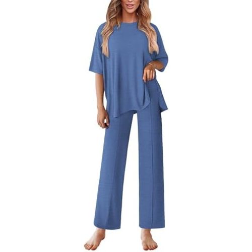 Ekouaer Lounge Sets for Women Short Sleeve Pullover Tops and Long Pants Soft Pajamas Set 2 Piece Outfits S-XXL