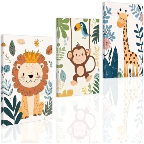 SWQYLB Nursery Wall Art Animals 3 Pieces Kid Room Wall Decor Safari Canvas Prints for Baby Toddler Boy Girl Children's Room Decor Framed (12"x16"x3)